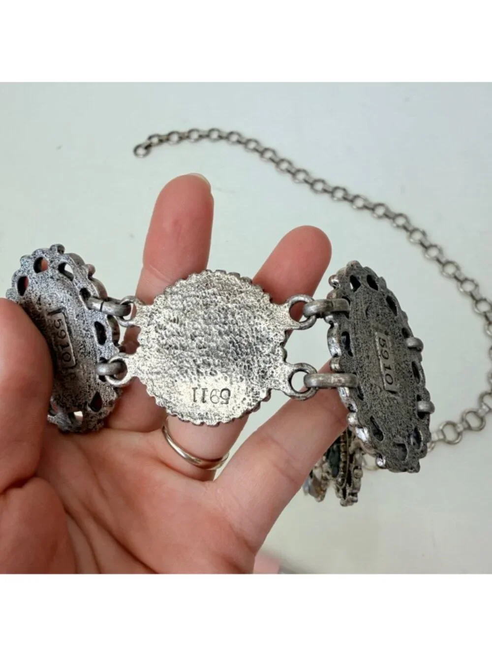 Vintage Boho Chain Belt Silver Tone Black Stone Concho Style Mosaic Adjustable